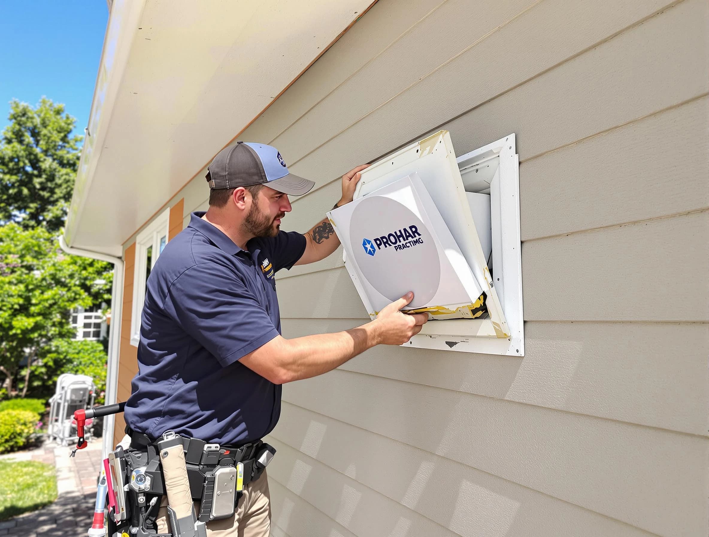 Albuquerque Dryer Vent Cleaning technician installing a new protective dryer vent cover on a home in Albuquerque