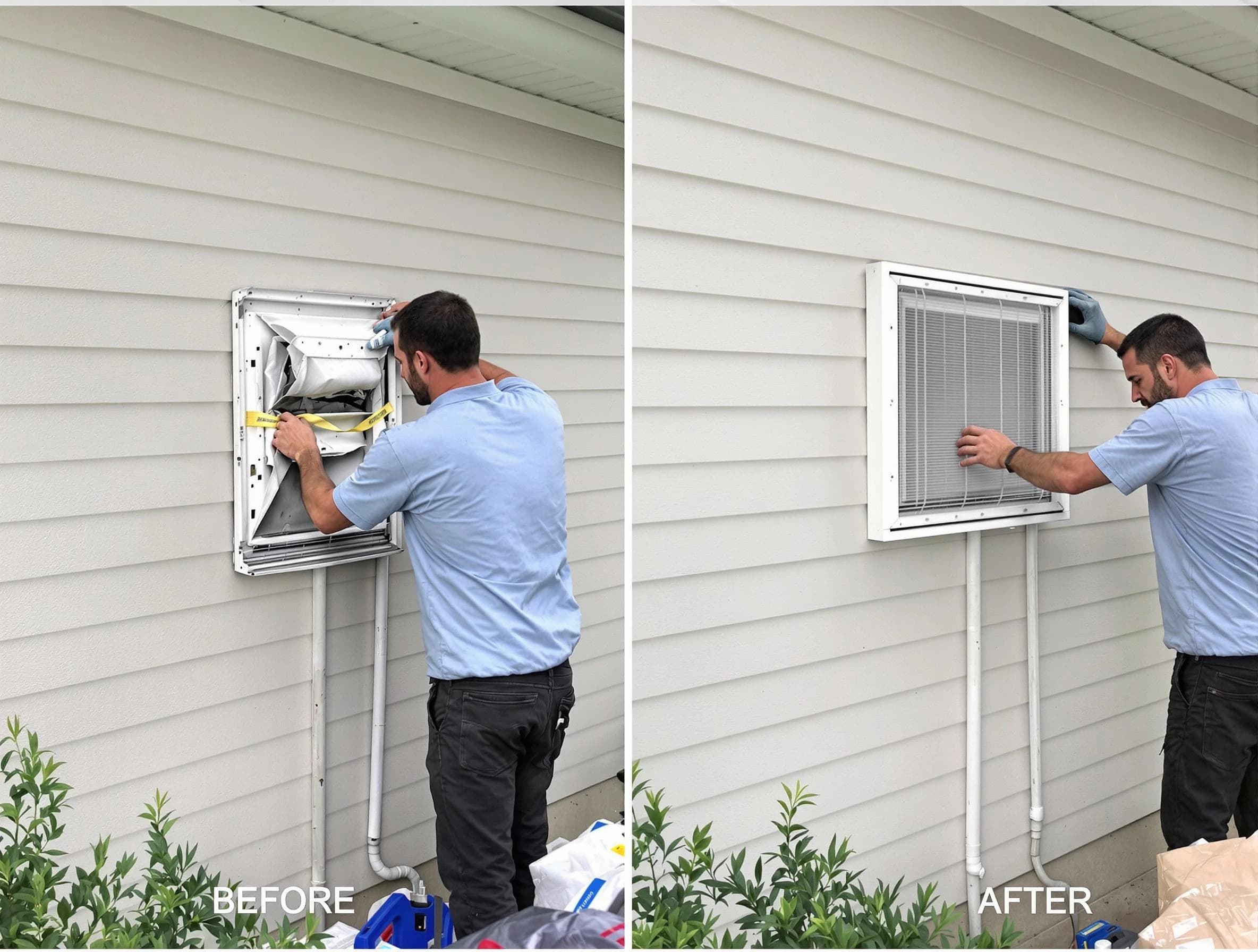 Albuquerque Dryer Vent Cleaning technician installing high-quality dryer vent cover at a residential property in Albuquerque