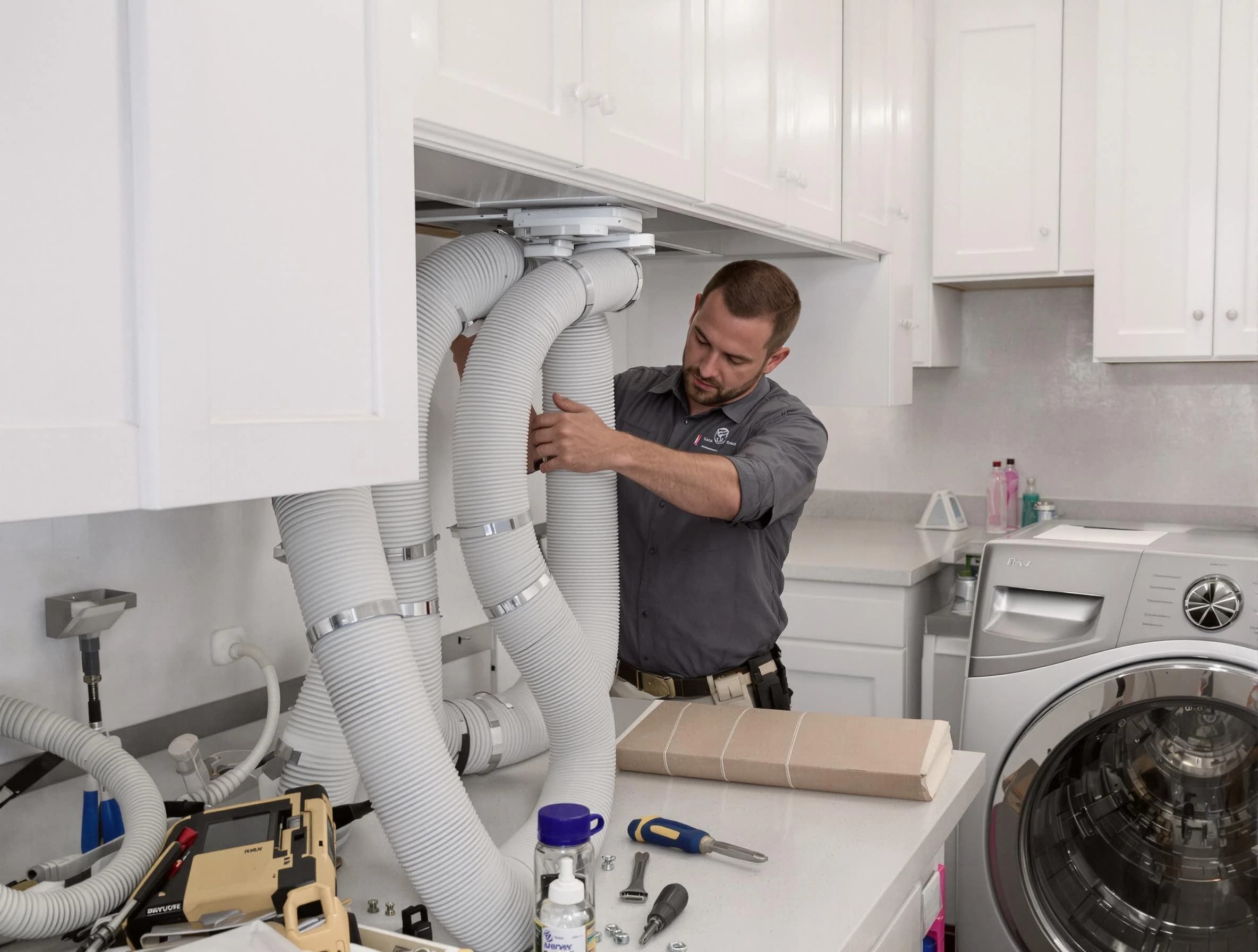 Albuquerque Dryer Vent Cleaning technician installing a new professional-grade dryer vent hose in Albuquerque