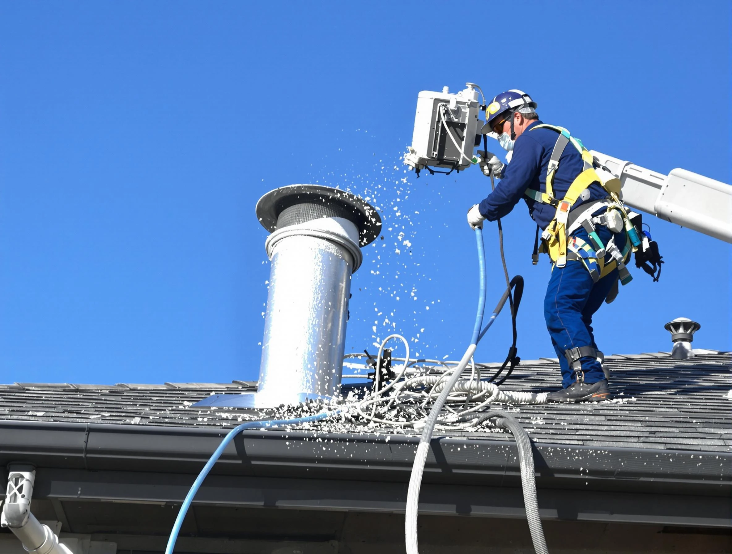 Albuquerque Dryer Vent Cleaning certified technician safely cleaning a roof-mounted dryer vent in Albuquerque